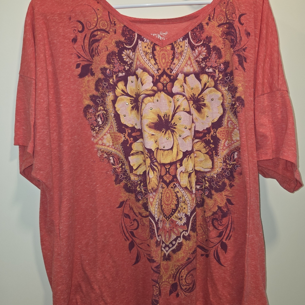 Terra & Sky Red and Yellow Floral Short Sleeve Top